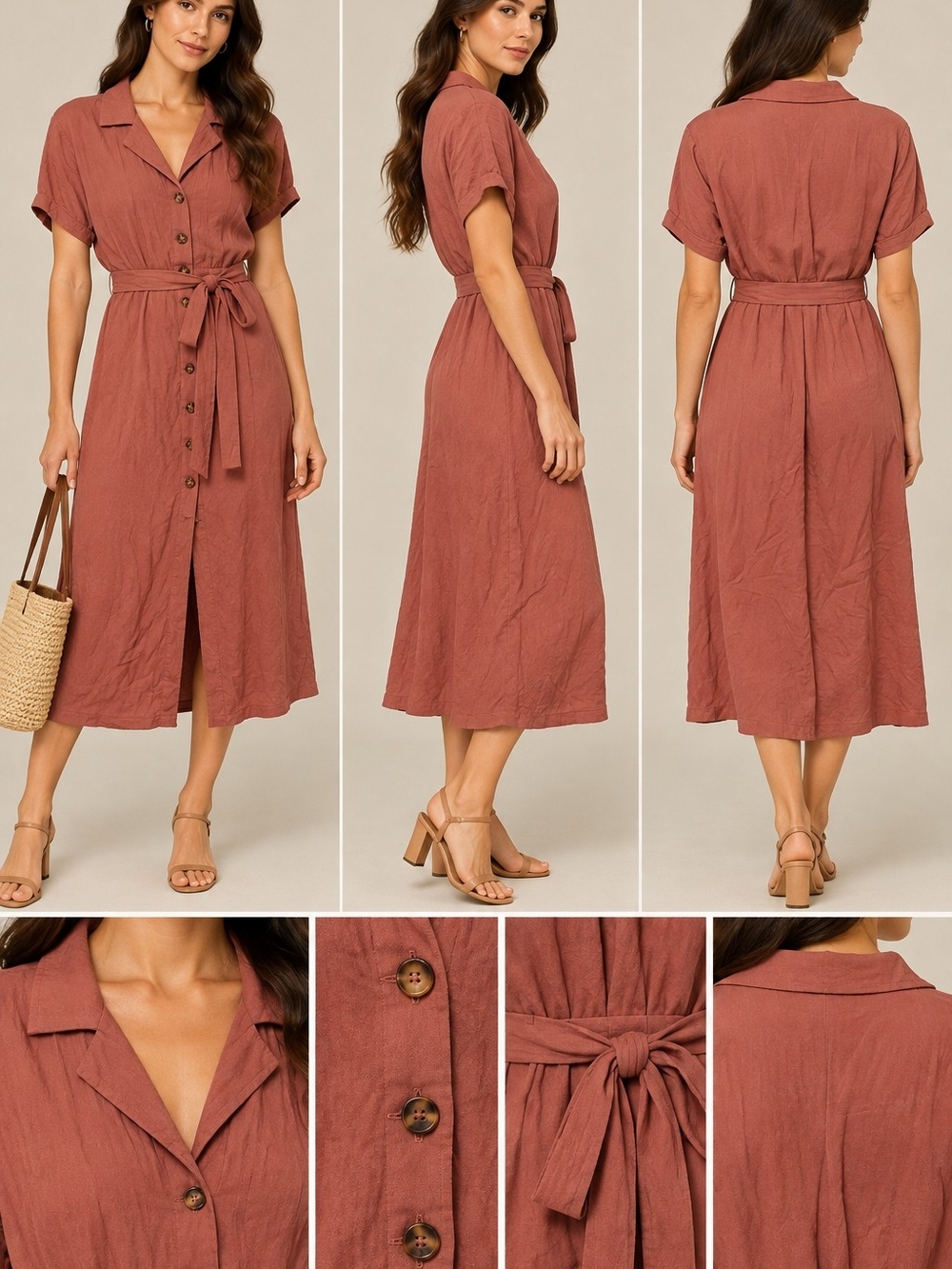 Jackson Rowe Rust Button-Front Midi Dress with Tie Waist